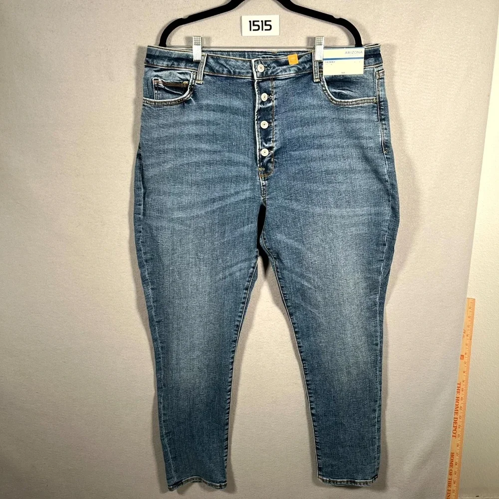 Arizona Jeans Co Womens 19‎ Blue Denim Stretch Button Fly Skinny Leg Whiskering